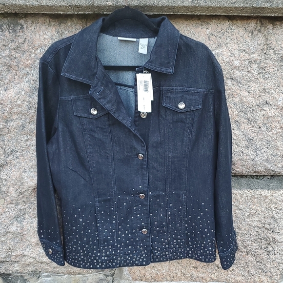 Chico's Platinum Brilliant Stars  Dazzler Denim Jacket In with Studded Detail XL - Picture 1 of 12